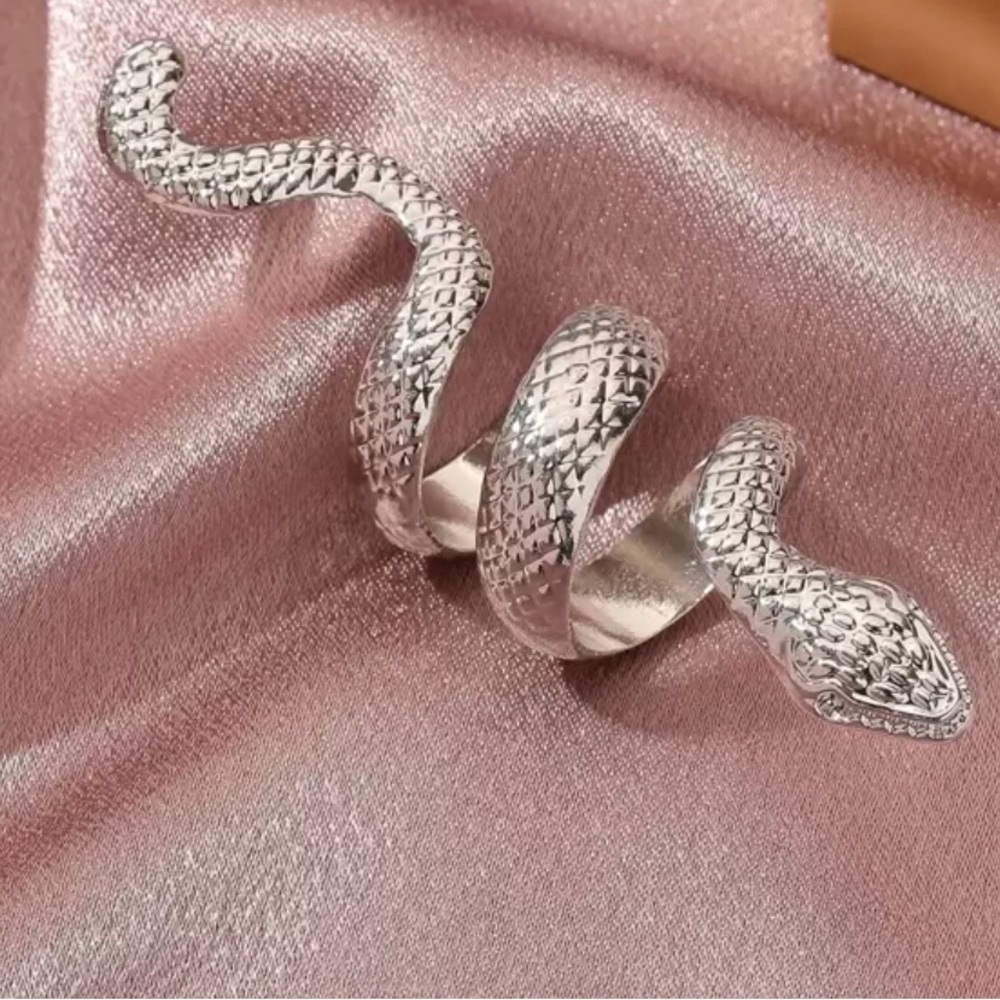 Silver-Tone Snake Wrap Statement Ring Adjustable One Size Serpent Coil Fashion - Picture 4 of 6